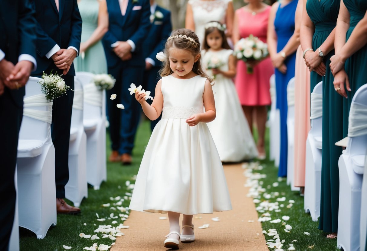 The flower girl leads the procession, scattering petals along the aisle, followed by the maid of honor