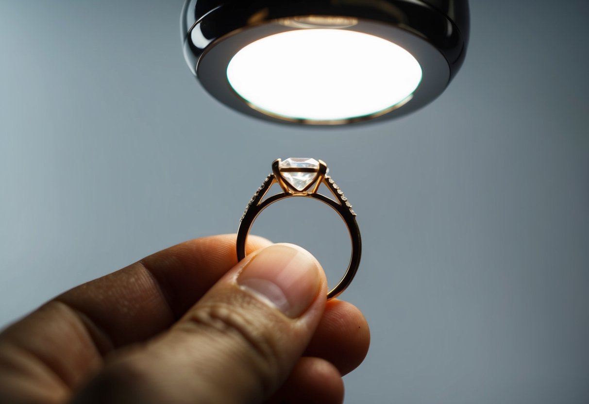 A wedding ring being examined under a bright light, revealing imperfections and inconsistencies in the design and material