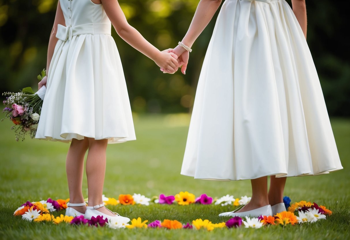 A flower girl and maid of honor stand facing each other, holding hands, with a circle of colorful flowers on the ground between them