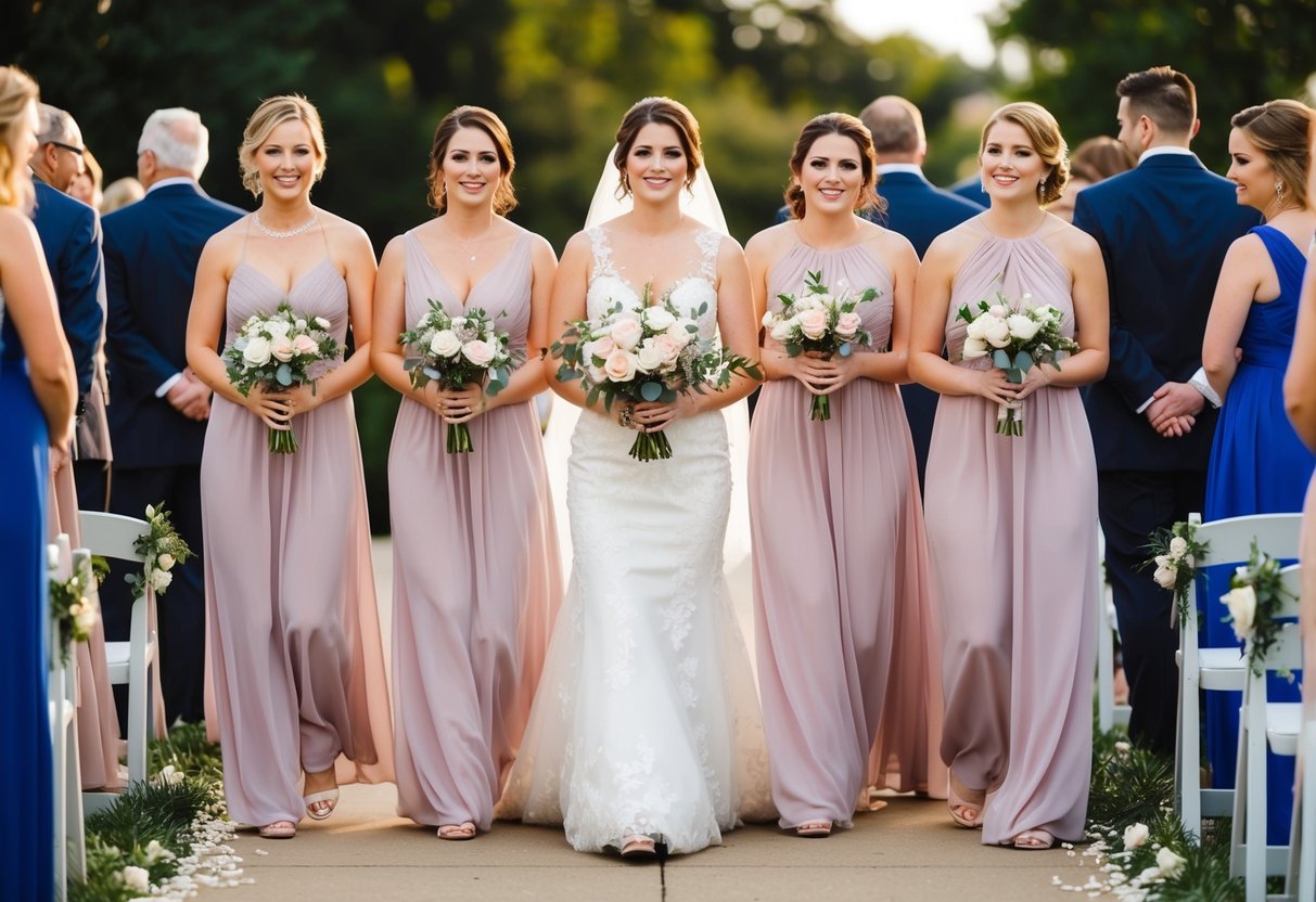 The maid of honor walks first, followed by the bridesmaids, in a line down the aisle