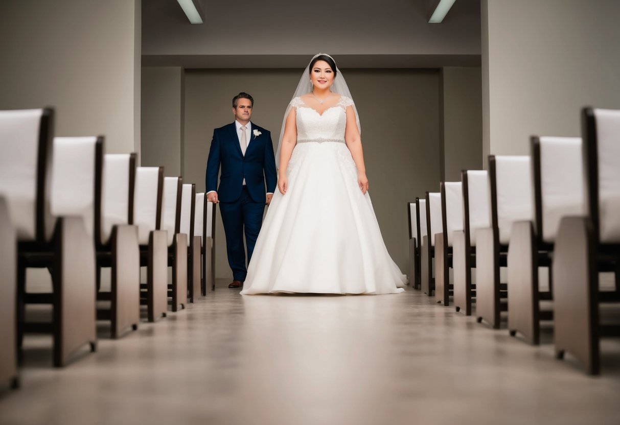 A bride standing at the end of an empty aisle, looking forward with a mix of determination and uncertainty