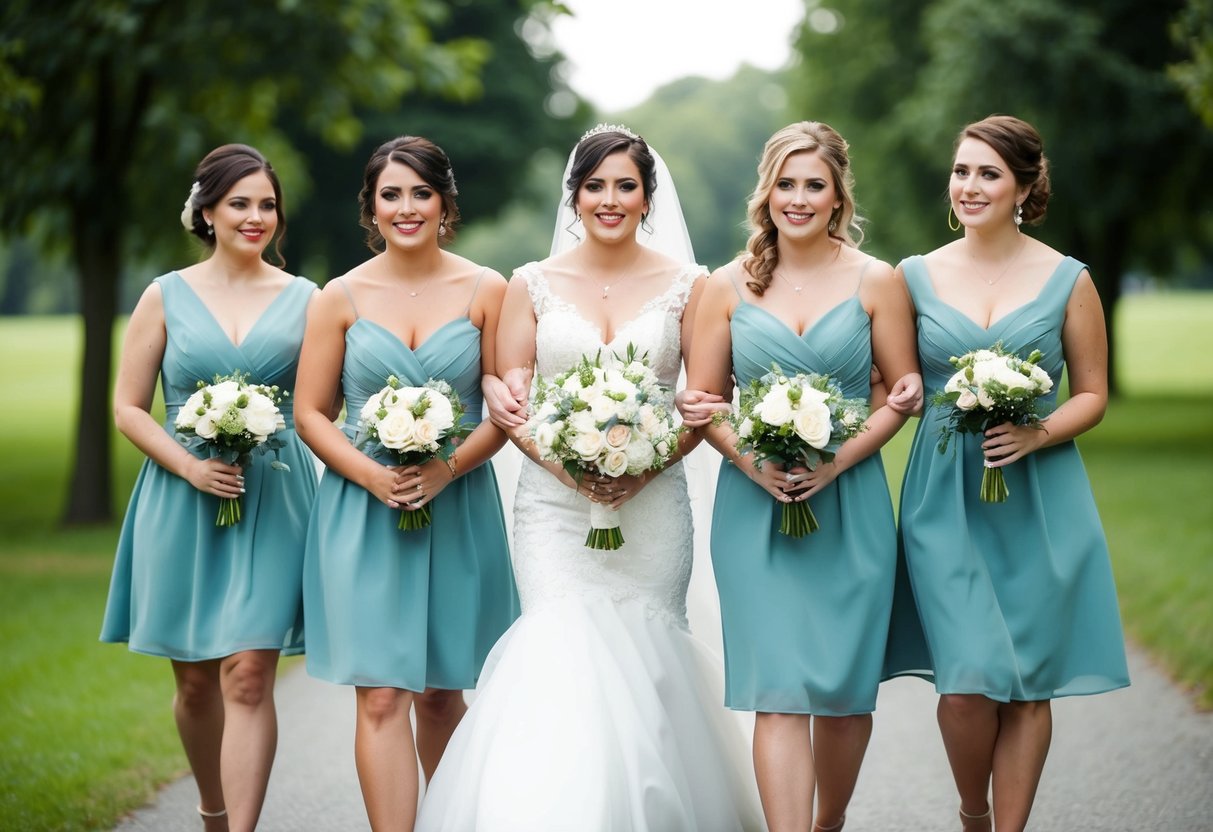 A line of bridesmaids and maid of honor walking together, each holding a bouquet, with the maid of honor leading the way