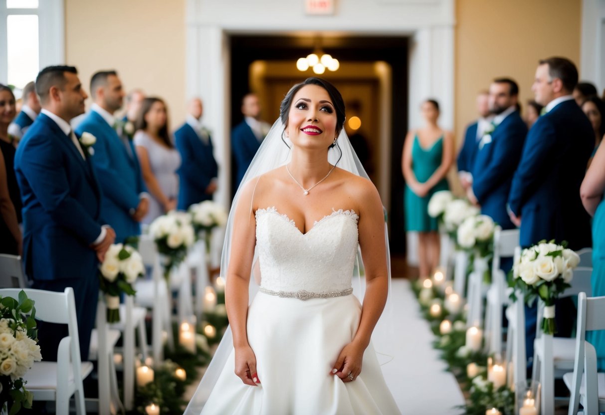A bride standing at the end of an aisle, looking expectantly towards the entrance, with a mix of emotions on her face