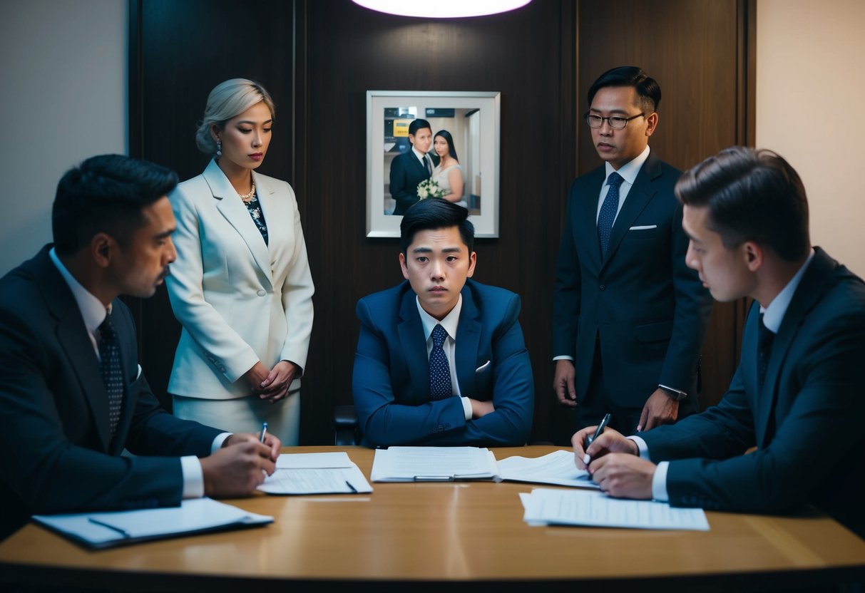 A person nervously sits in a dimly lit immigration office, surrounded by stern officials and paperwork. A wedding photo hangs on the wall, symbolizing the consequences of getting caught in a fake marriage in the UK