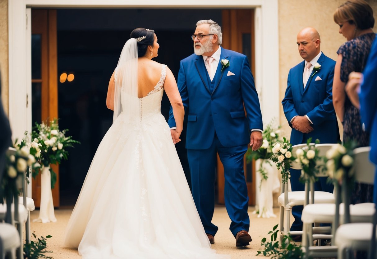 A bride stands at the start of an aisle, looking back at her father with a hesitant expression. He stands off to the side, looking at her with understanding and support