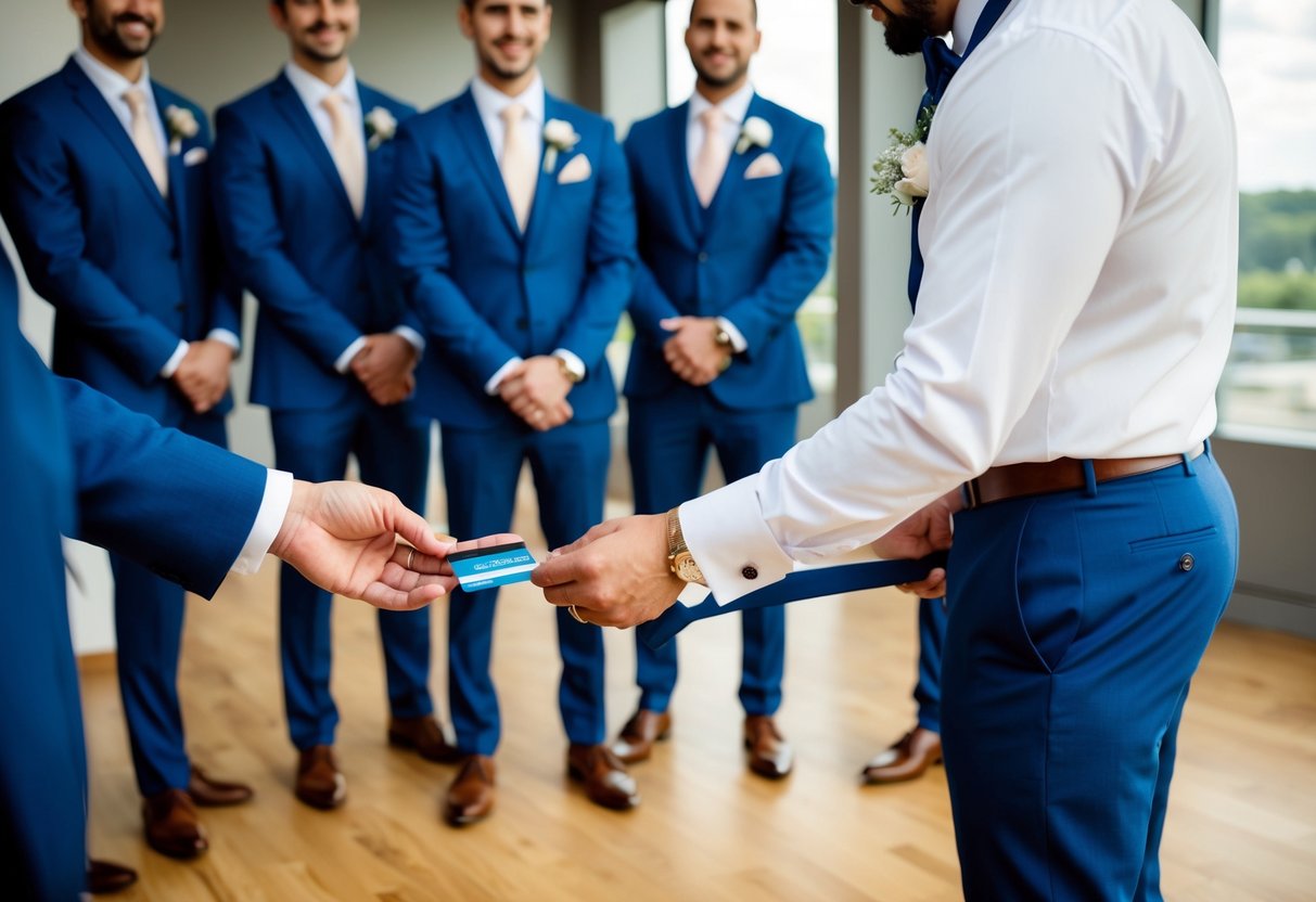 A man hands over a credit card to a tailor, who is measuring a group of men for their groomsmen suits in a wedding