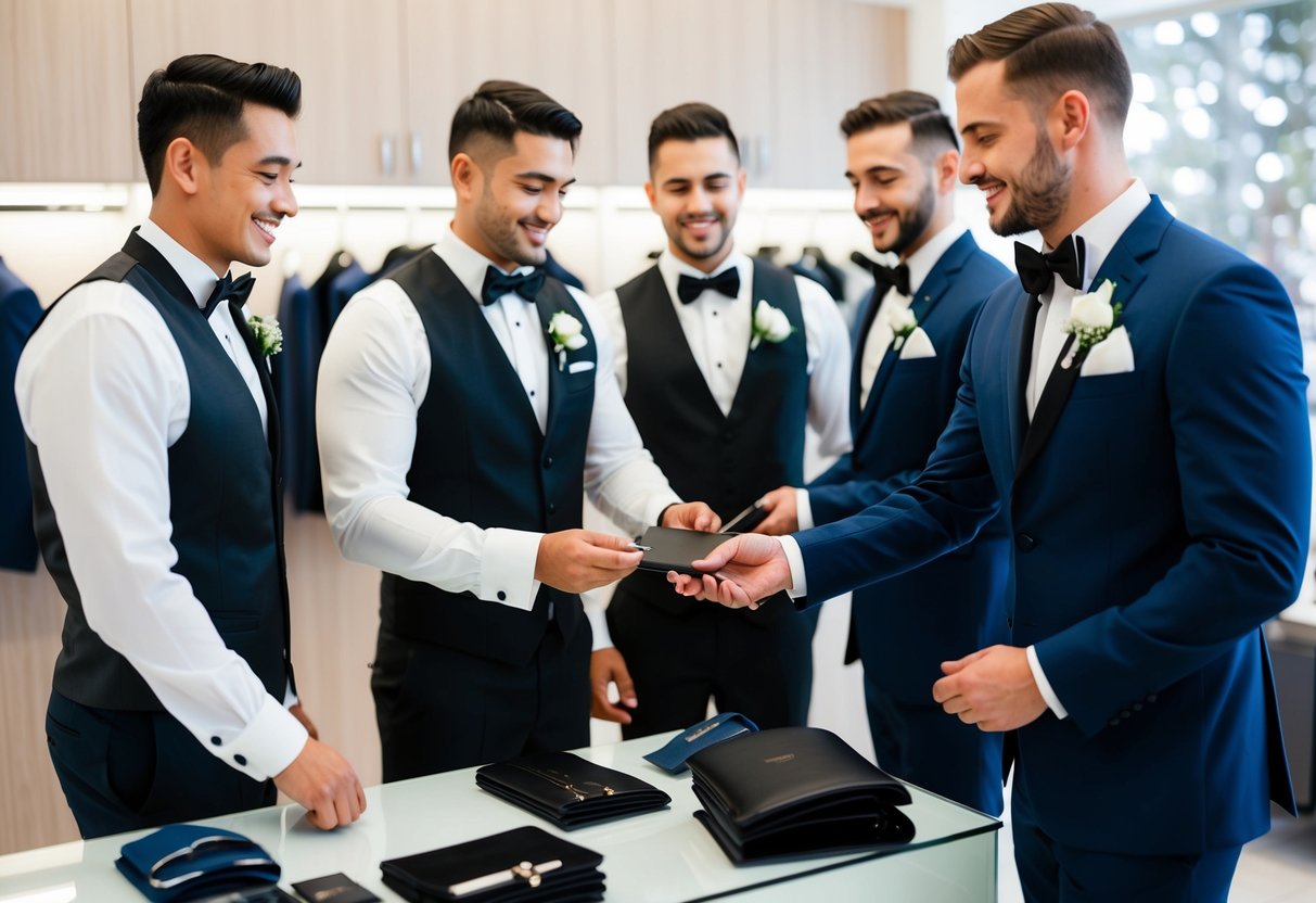 Groomsmen paying for their tuxedos and accessories at a formalwear shop