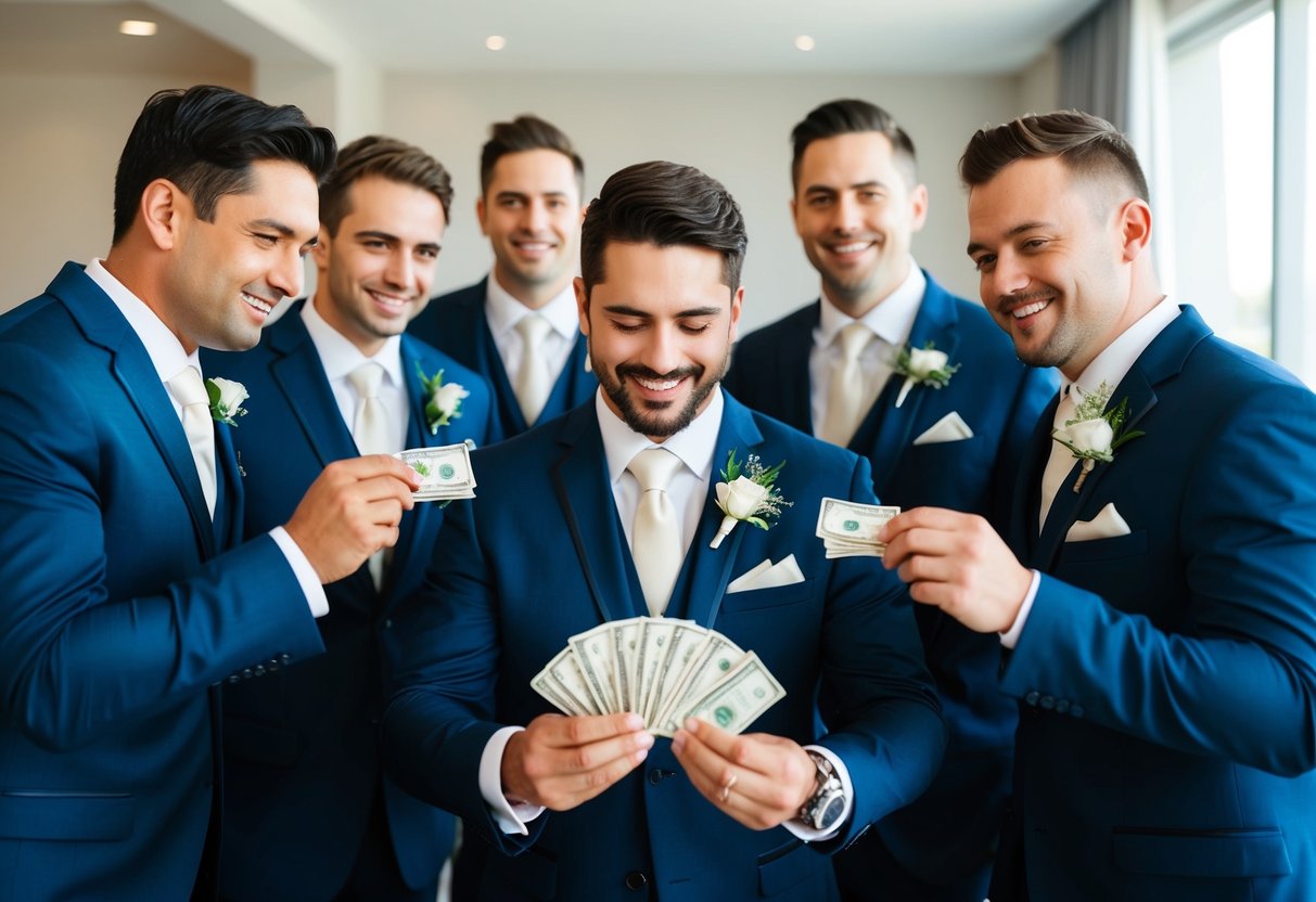 A group of groomsmen pooling money for wedding expenses, including suits, travel, and gifts