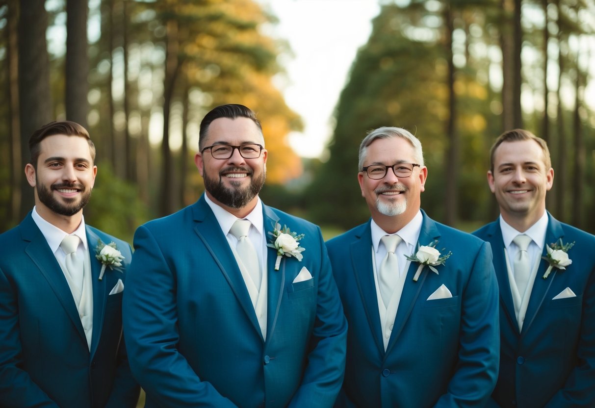 Groomsmen and dads in matching suits at a wedding