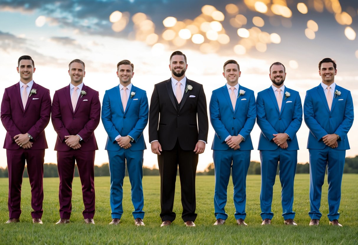 Groom and groomsmen stand in a row, wearing matching suits in a coordinated color scheme