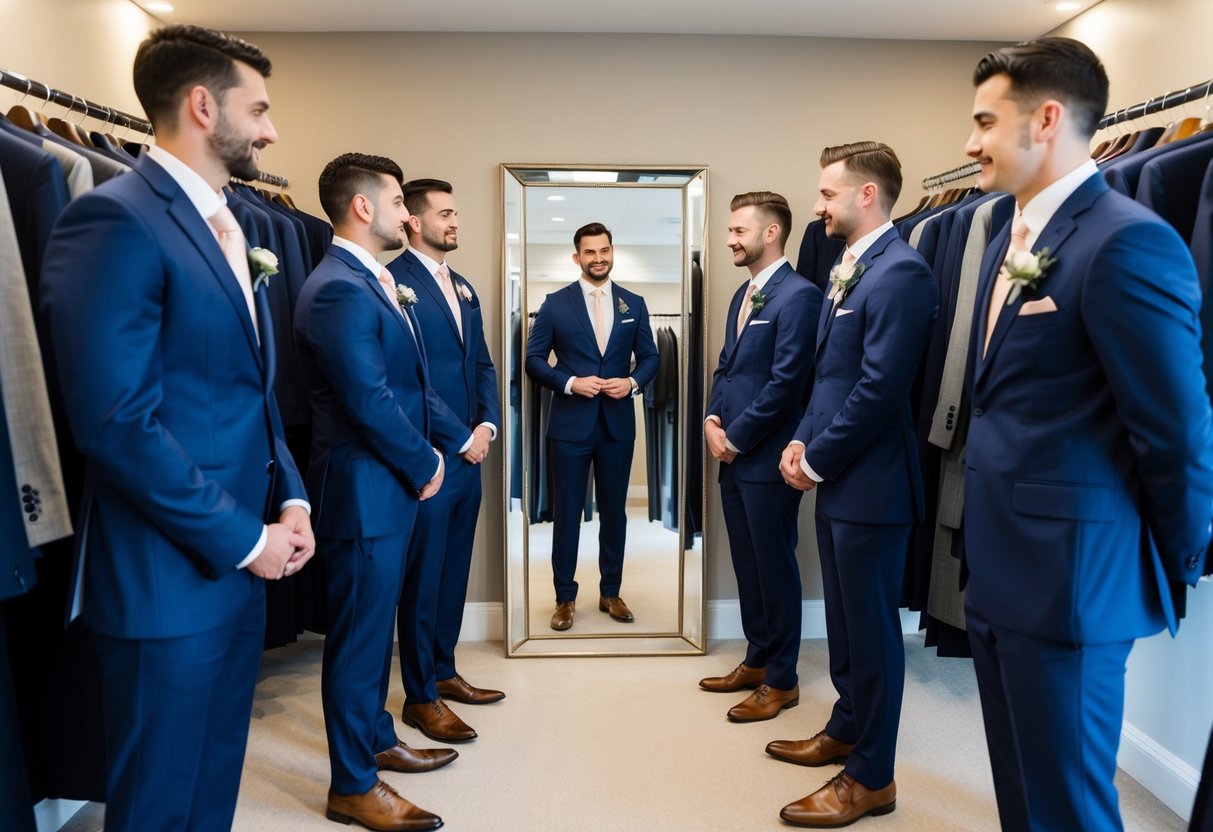 Groomsmen trying on suits in a high-end men's clothing store, surrounded by racks of tailored suits and a full-length mirror