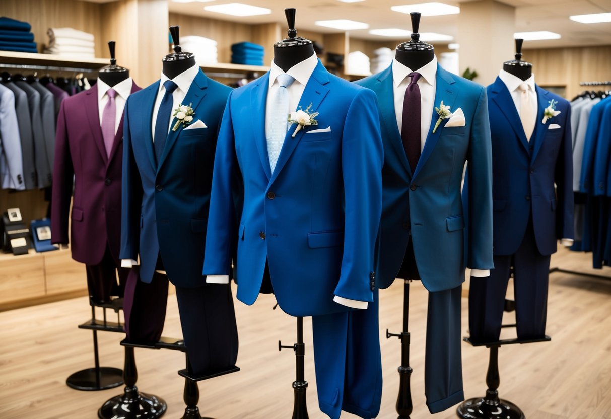 Several groomsmen suits of varying styles and colors displayed on mannequins in a well-lit clothing store