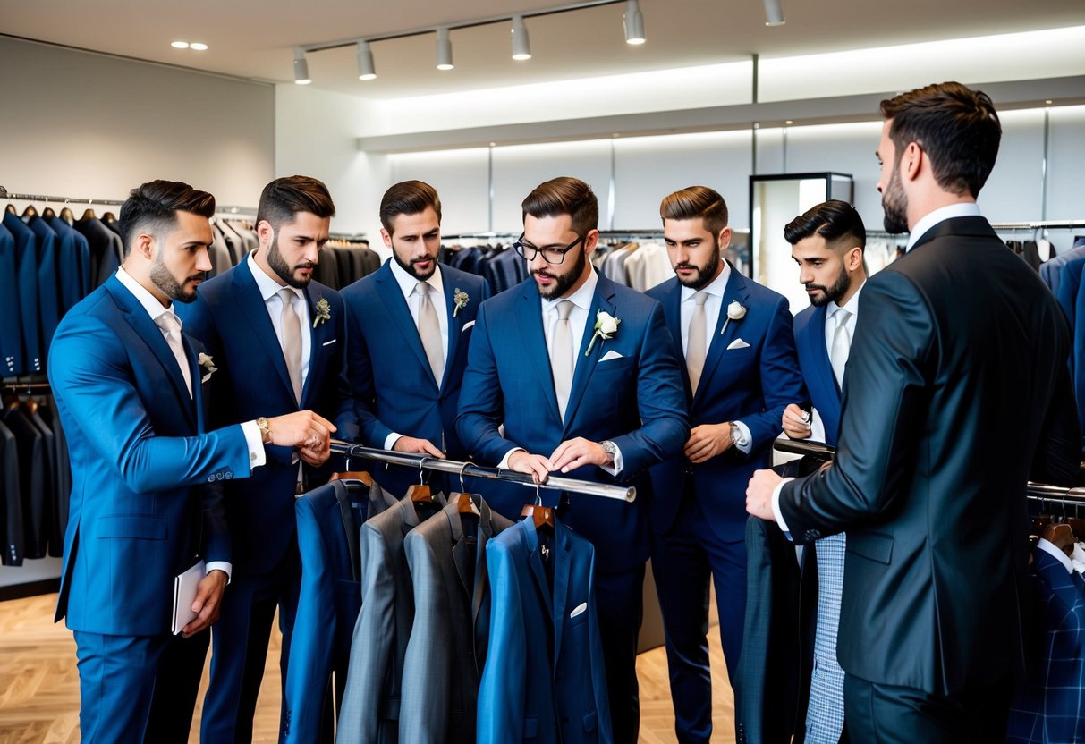 A group of groomsmen browsing through a selection of suits in a high-end menswear store, discussing fabric and style options with a sales associate