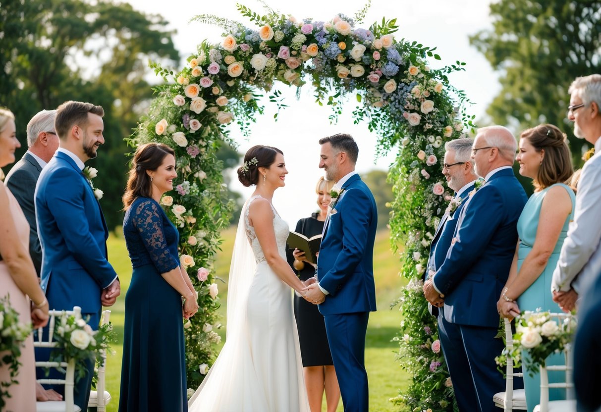 A couple stands beneath a floral arch, surrounded by loved ones, exchanging vows in a non-legally binding wedding ceremony