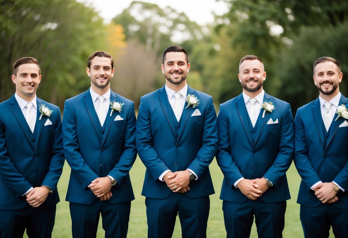 Six groomsmen stand in a line, dressed in matching suits, smiling and holding bouquets