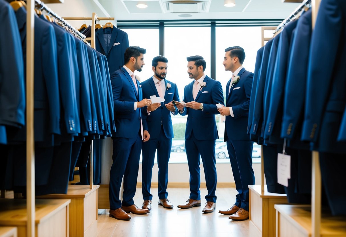 Groomsmen browsing through racks of suits at a formalwear shop, discussing prices and comparing different styles