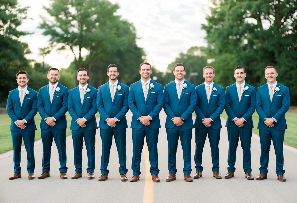 A group of groomsmen standing in a line, dressed in matching suits, with boutonnieres on their lapels