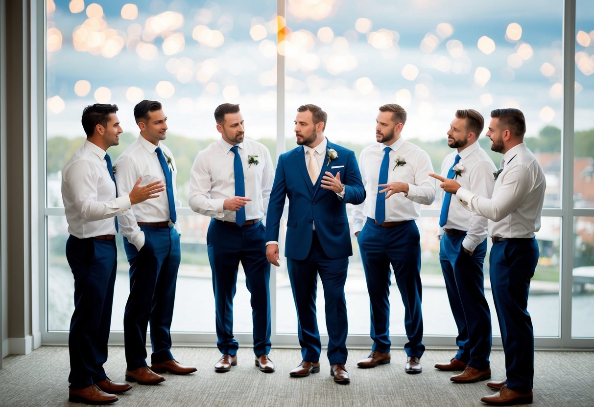 A groom stands with a group of groomsmen, discussing the size of the wedding party. They gesture and talk animatedly