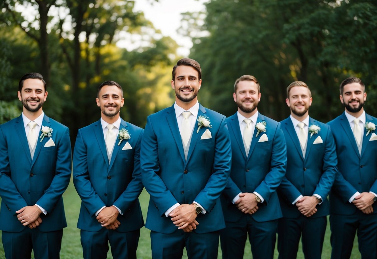 A group of groomsmen standing in a line, with the groom in the middle, all dressed in matching suits and boutonnieres