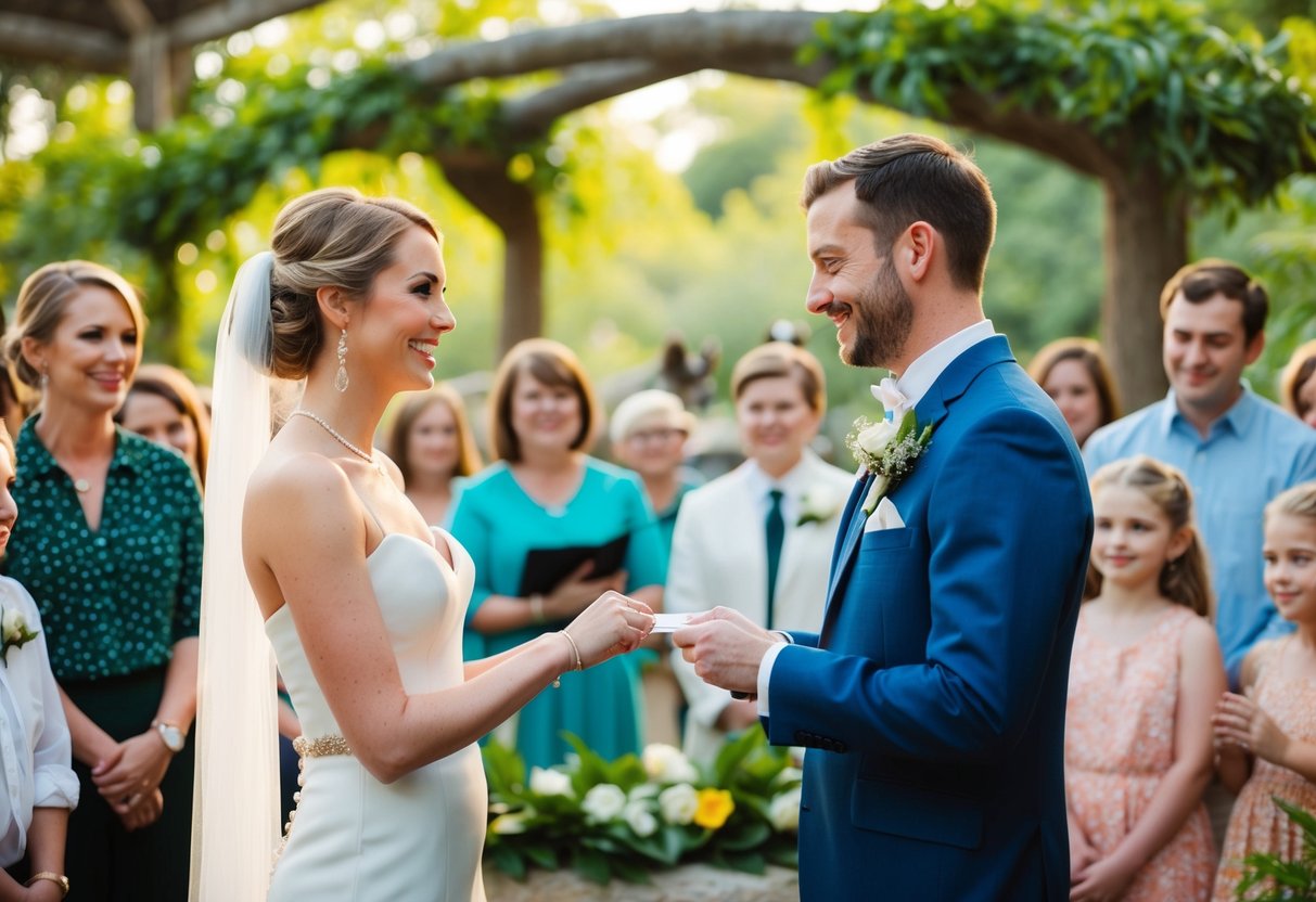 A couple of animals exchange vows in a charming zoo setting, surrounded by lush greenery and curious onlookers