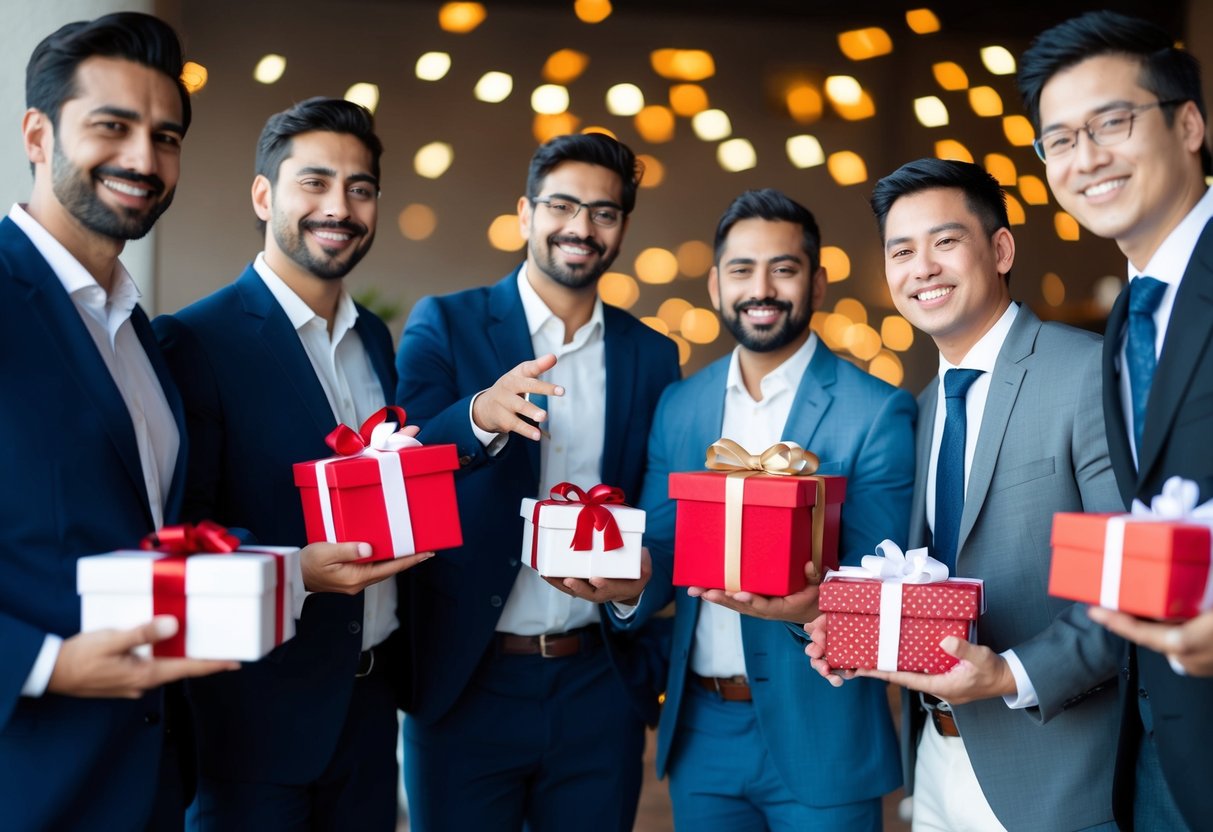 A group of men holding personalized gifts and smiling, one man gesturing towards them
