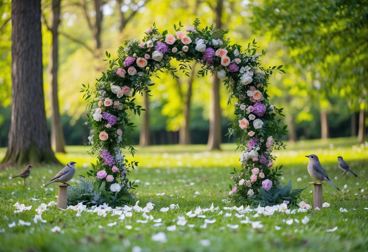 A serene woodland clearing with a floral arch and scattered petals, surrounded by lush greenery and chirping birds