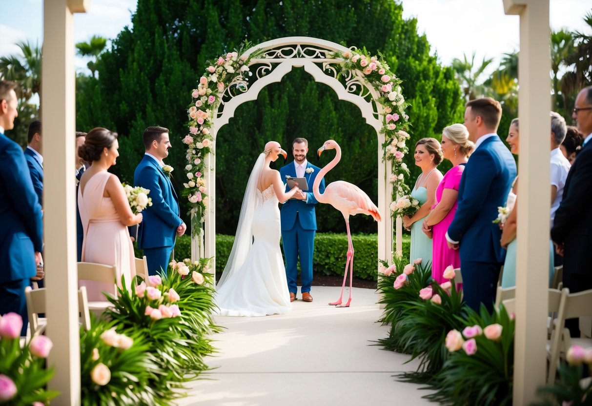 A pair of elegant flamingos stand in a lush, flower-filled enclosure, surrounded by curious onlookers as they exchange vows under a decorative archway