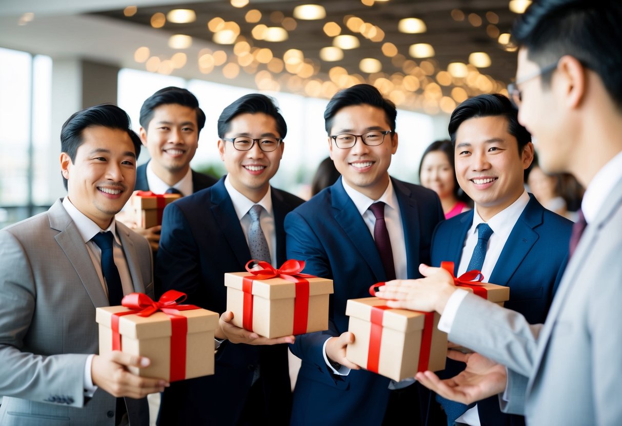A group of men holding gift boxes and smiling, one man extending a hand in invitation