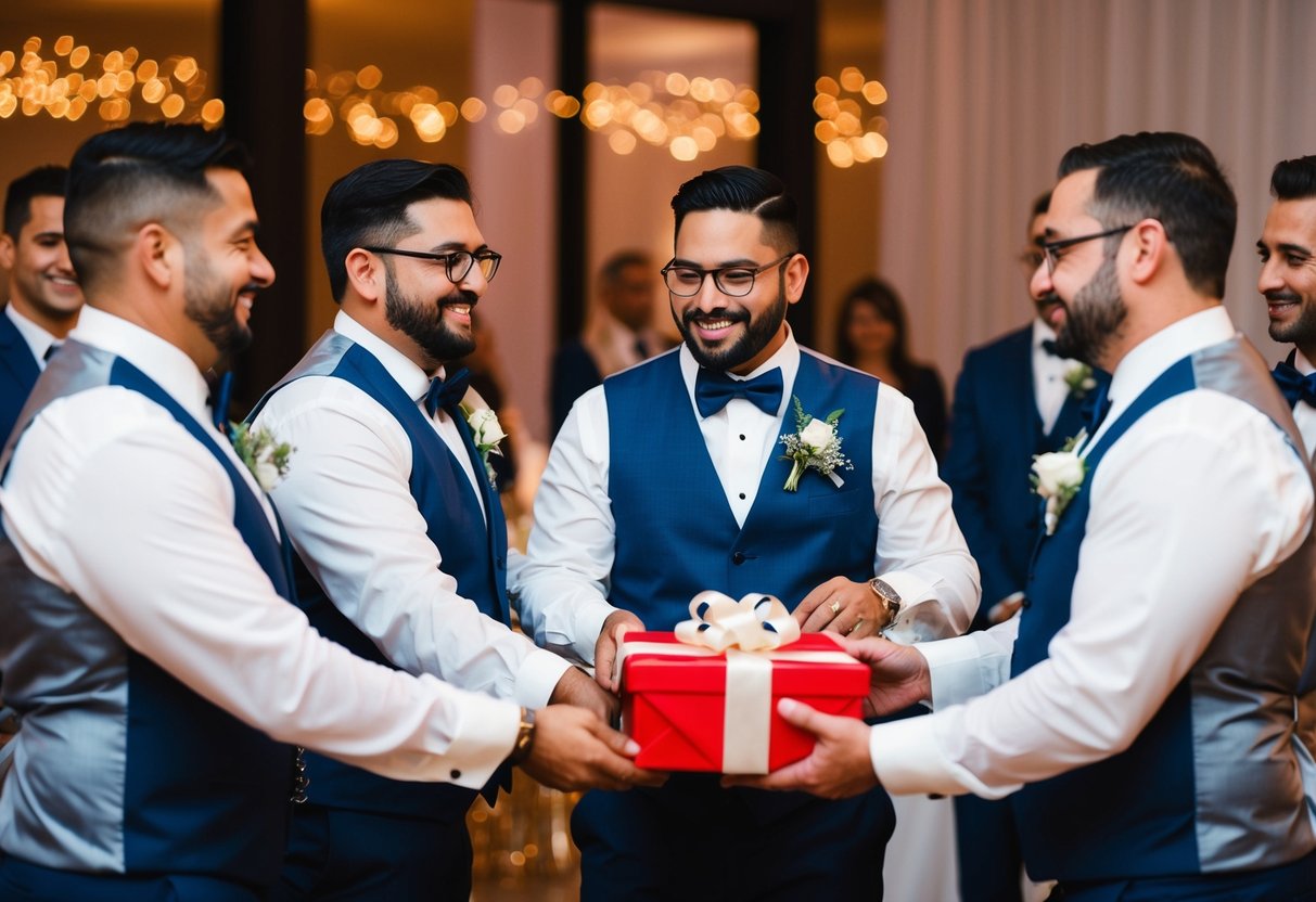 Groomsmen present a gift to the groom at a wedding reception