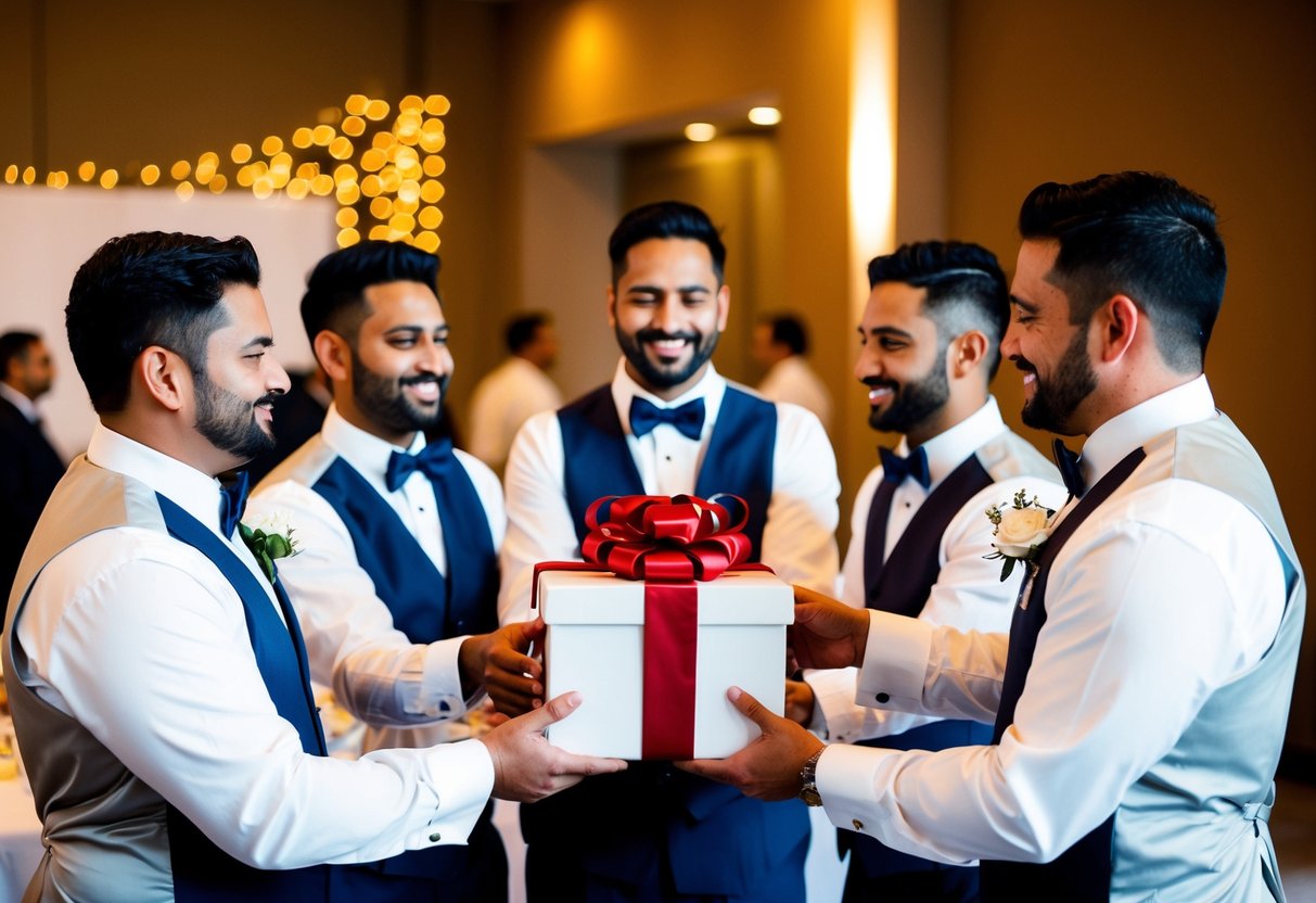 A group of groomsmen presenting a gift to the groom during a wedding rehearsal dinner