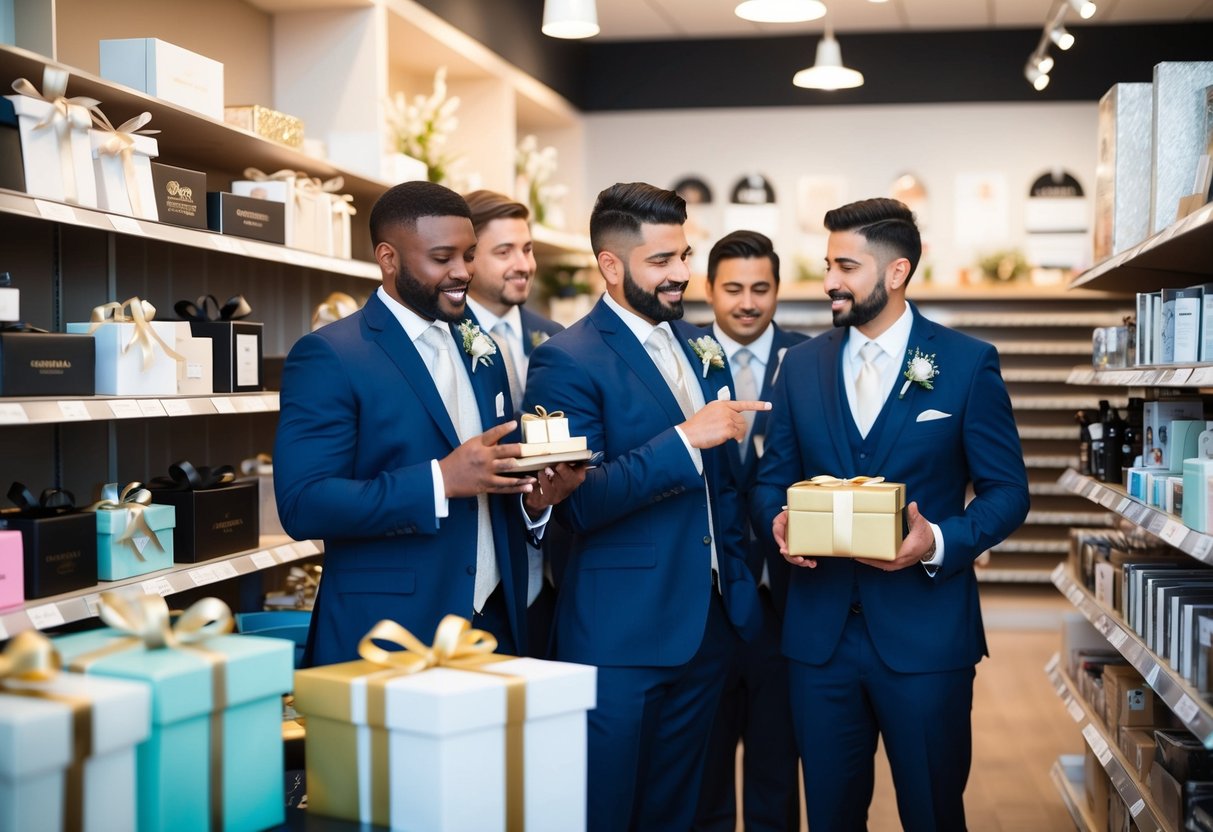 Groomsmen browsing gift options at a store, considering various items and discussing what to buy for the groom