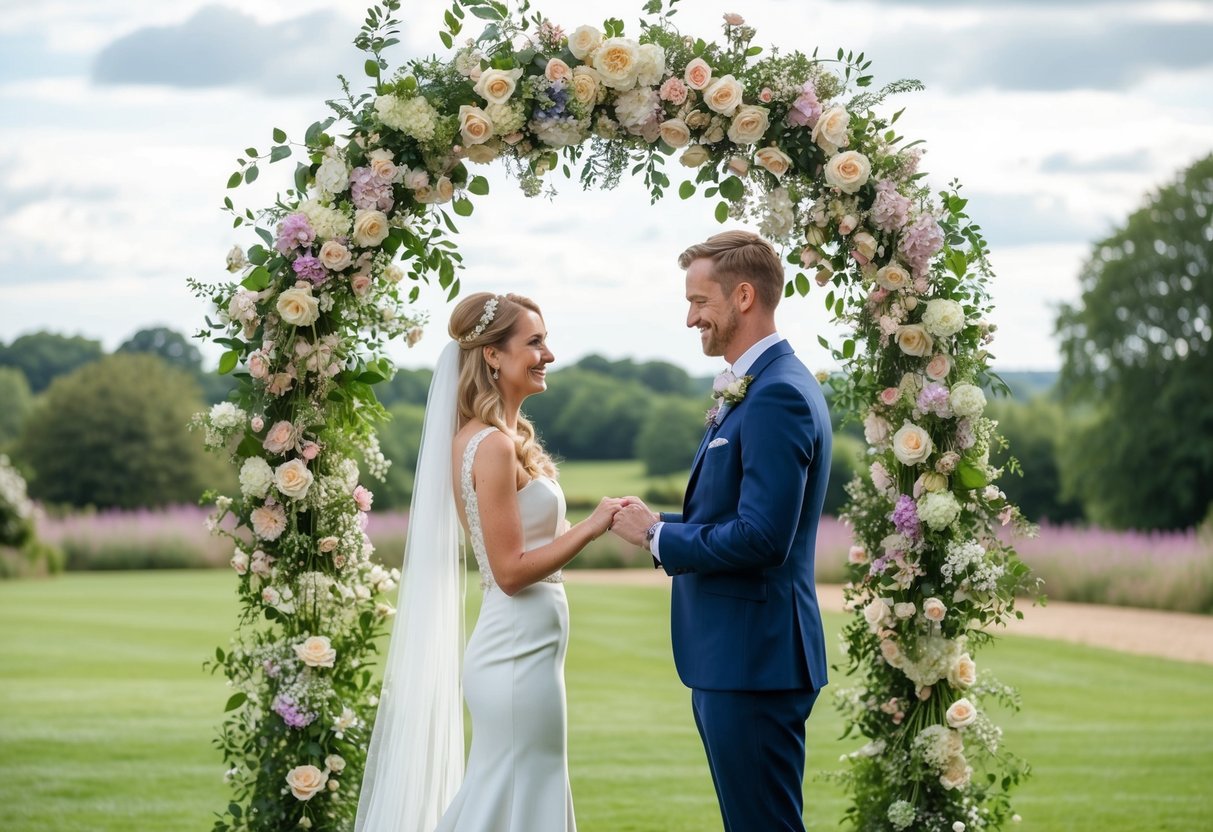 A couple exchanging vows under a floral arch in a picturesque outdoor setting in the UK