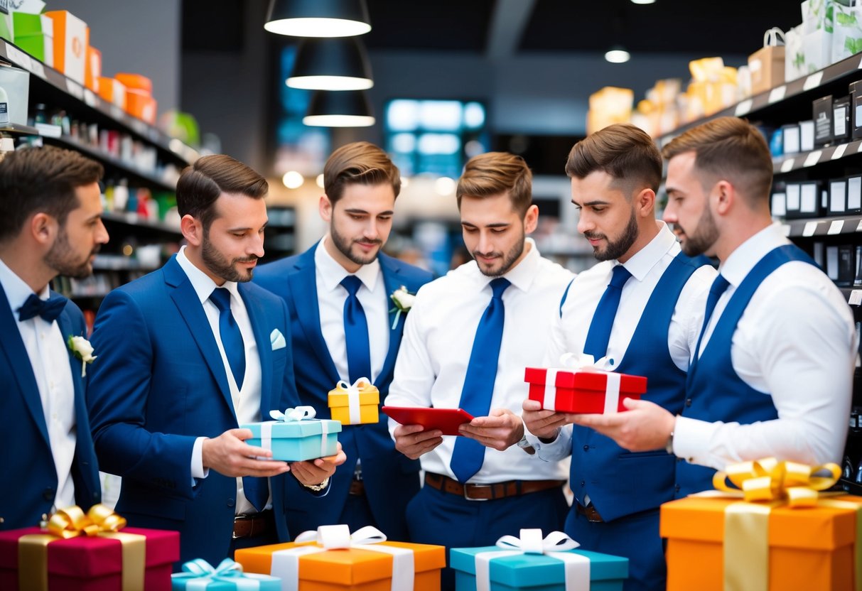A group of groomsmen browsing through different gift options, discussing and comparing prices at a store or online