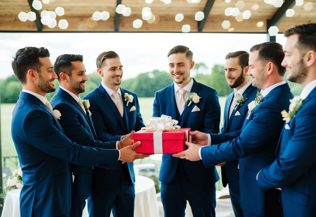 A group of groomsmen presenting a gift to the groom at a wedding celebration