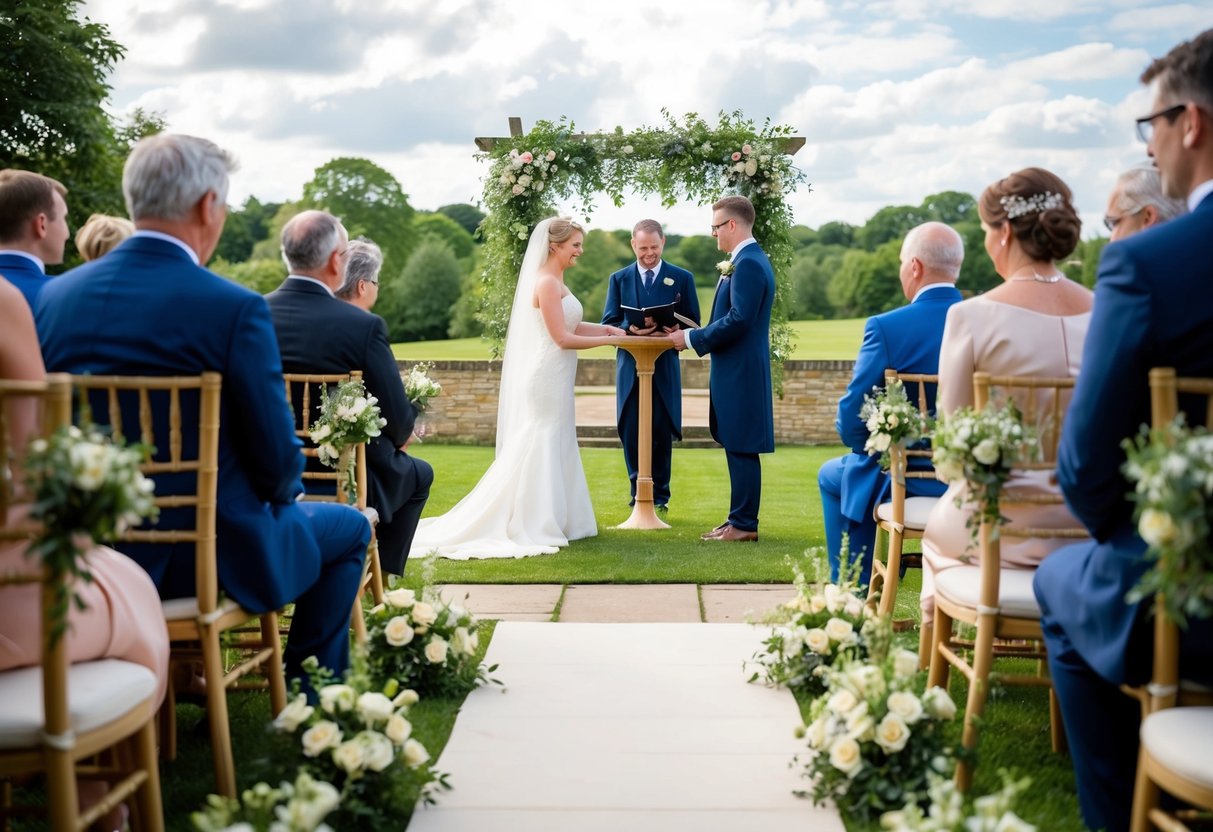 A beautiful outdoor ceremony in the UK, with a picturesque setting and a designated area for the legal marriage ceremony