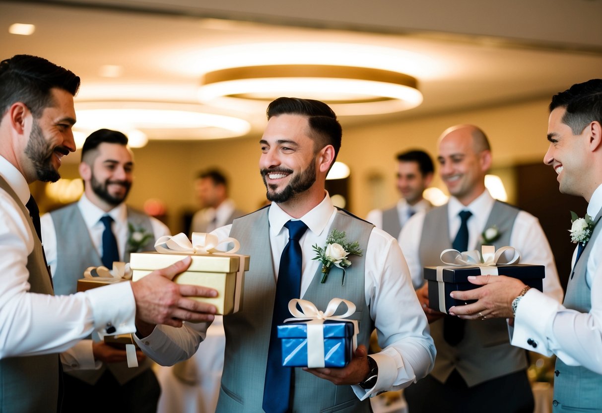 Groomsmen receiving gifts at a wedding rehearsal dinner