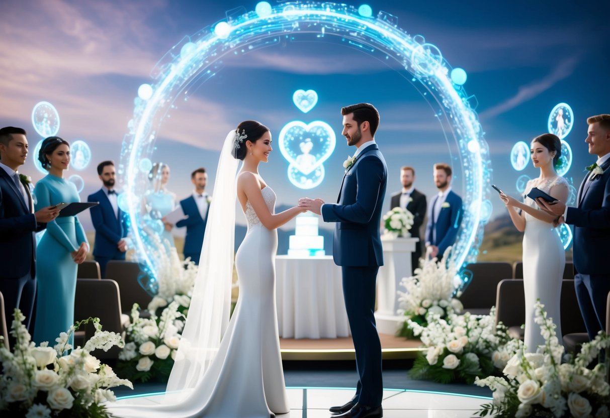 A virtual wedding ceremony in a futuristic metaverse setting, with holographic decorations and avatars of the bride and groom exchanging vows