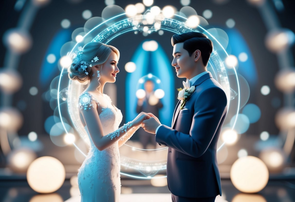 A virtual wedding in a futuristic metaverse with holographic decorations and avatars of the bride and groom exchanging vows