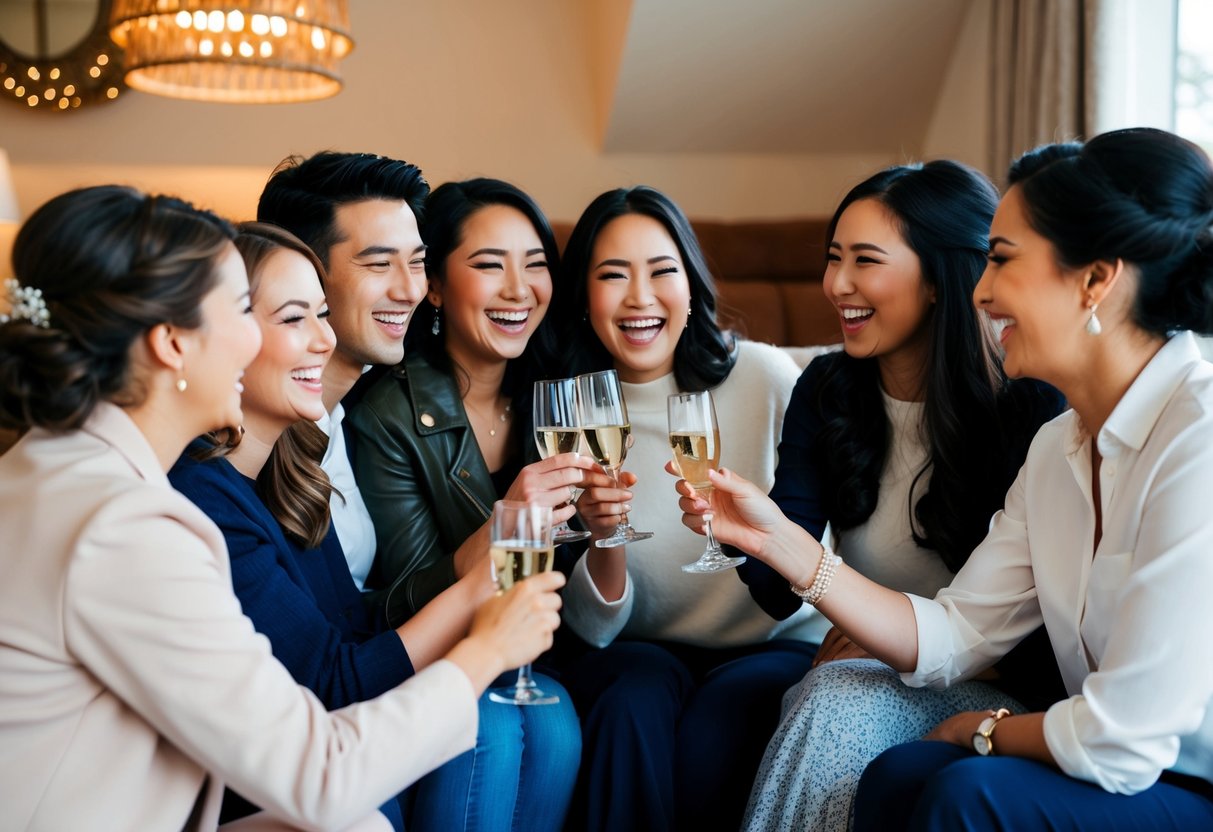 A group of friends gather in a cozy setting, sharing laughter and toasting to the bride-to-be. Each person holds a personalized keepsake as a token of their friendship