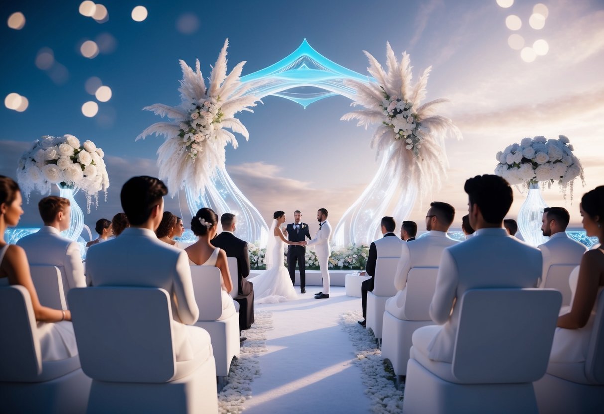 A virtual wedding ceremony in a futuristic metaverse setting, with holographic decorations and avatars of guests interacting in a digital environment