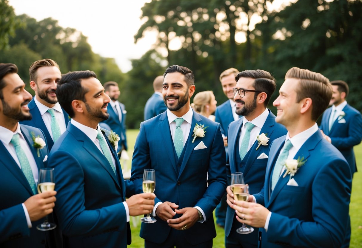 A group of men in suits and ties gather for pre-wedding events, celebrating and chatting together