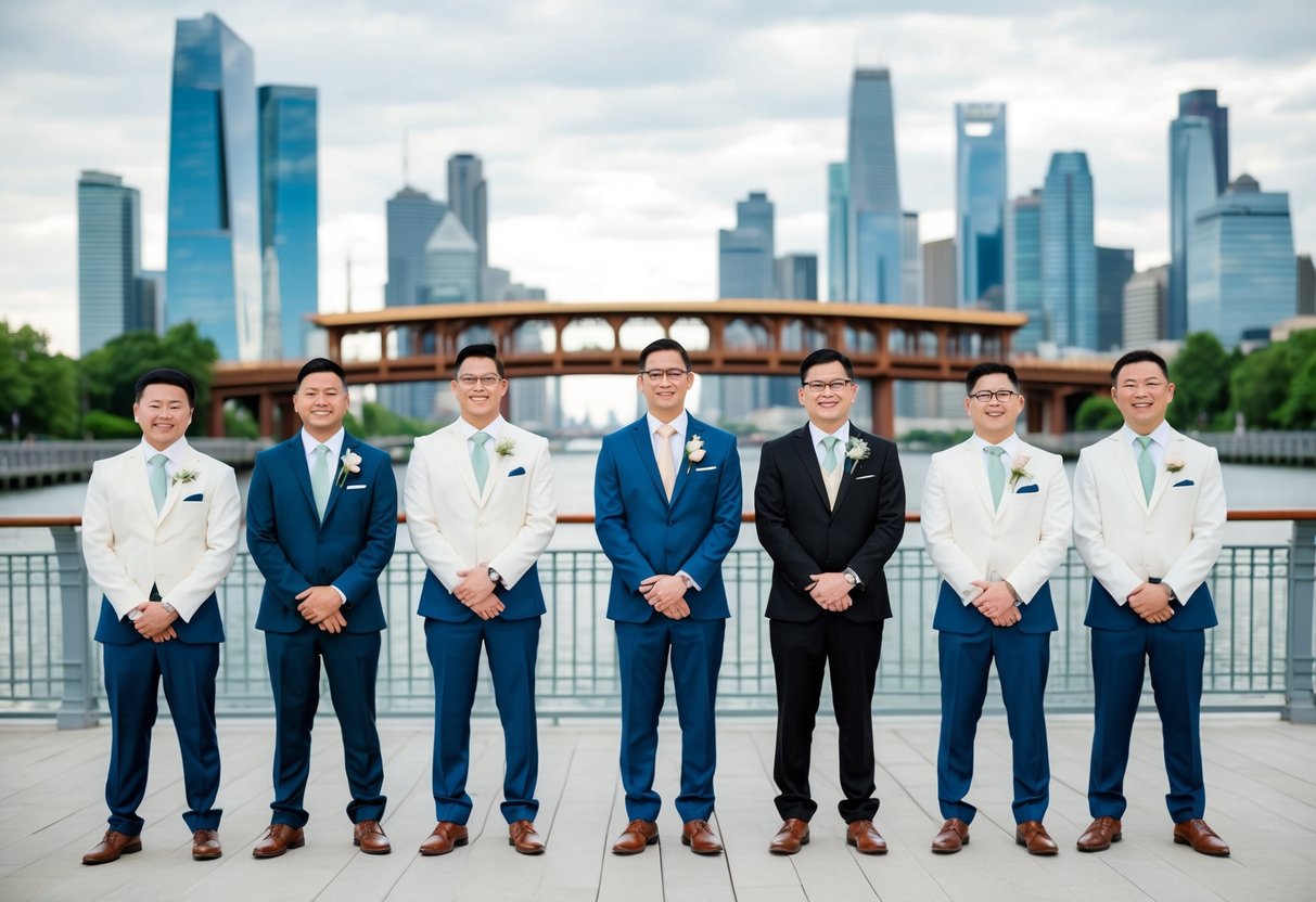A group of groomsmen, representing different cultures, stand in front of a modern city skyline with a traditional bridge in the background