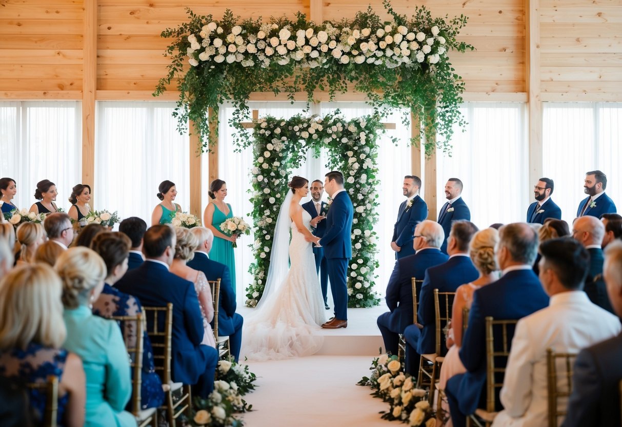 A beautifully decorated wedding ceremony taking place over a Zoom call, with guests joining from different locations