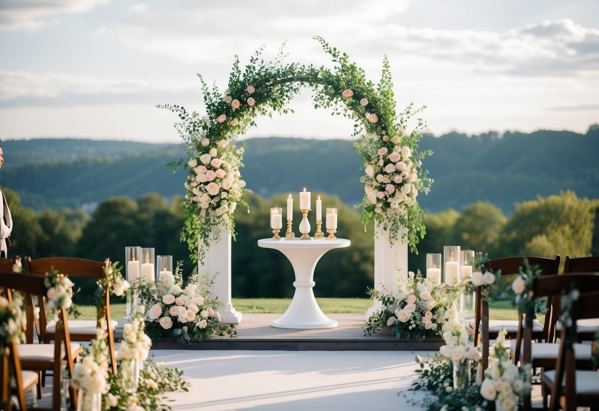 A beautifully decorated wedding altar with flowers, candles, and a ceremonial arch, set against a picturesque outdoor backdrop