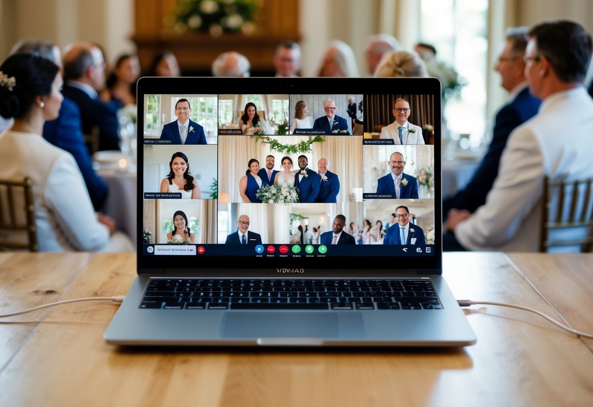 A laptop displaying a wedding ceremony on a Zoom call, with guests joining virtually from different locations