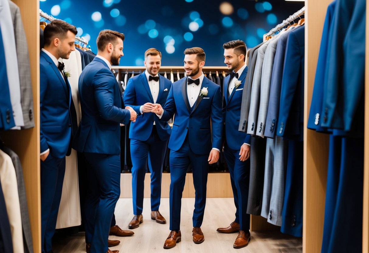 Groomsmen browsing through a variety of suits and tuxedos at a clothing store, comparing styles and colors