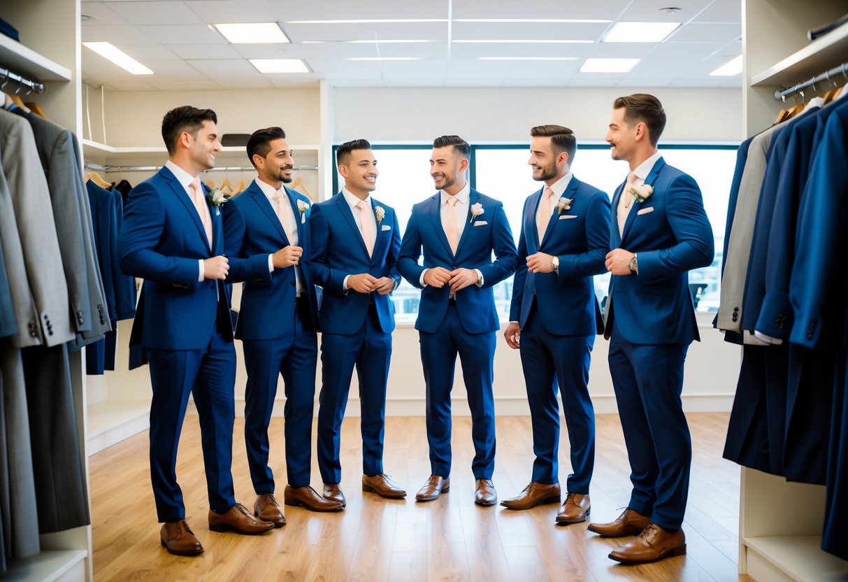 A group of groomsmen standing in a clothing store, trying on different suits and discussing their options with the store attendant
