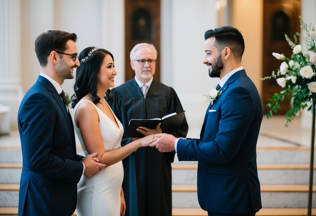 A couple stands before a registrar, exchanging vows. A proxy stands in for one partner, symbolizing a legal union