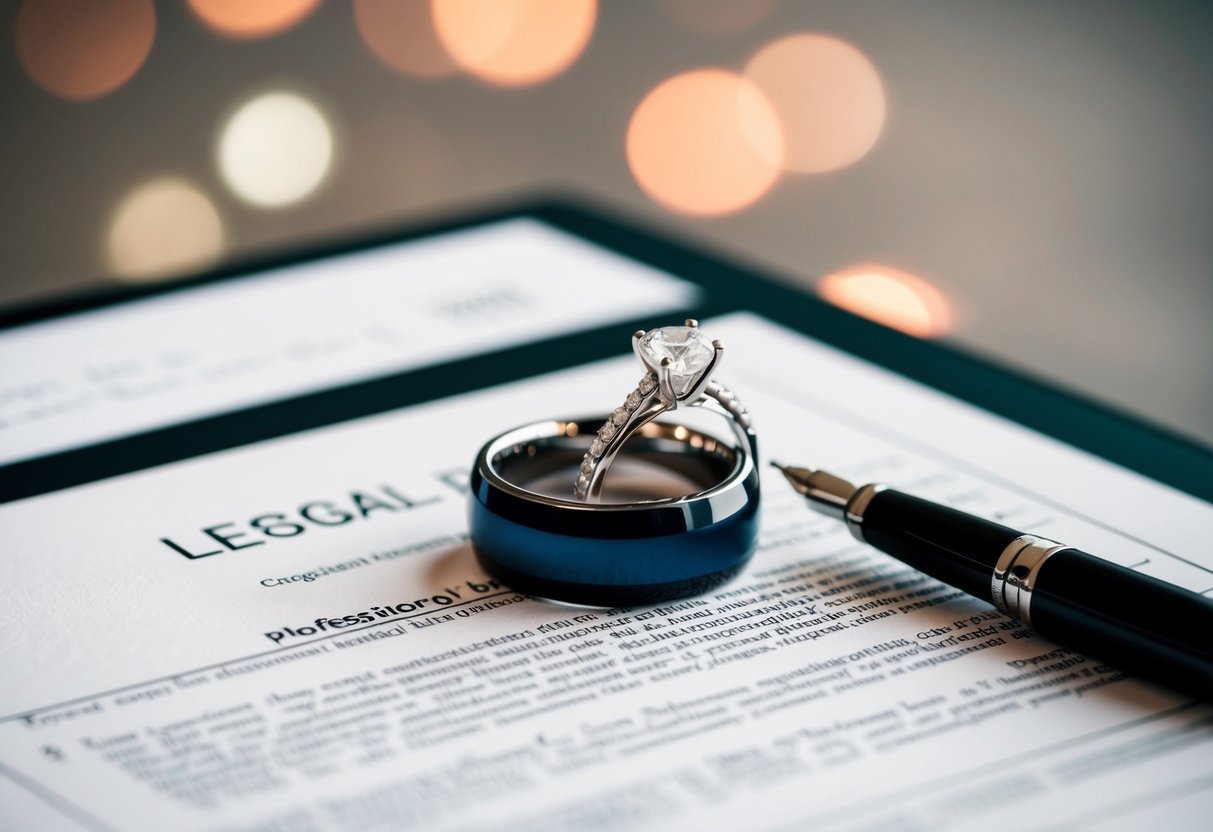 A wedding ring placed on a legal document, with a pen nearby