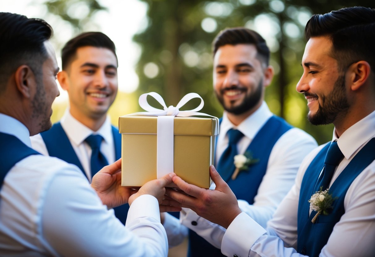 A groomsmen receiving a gift box with a bow on top